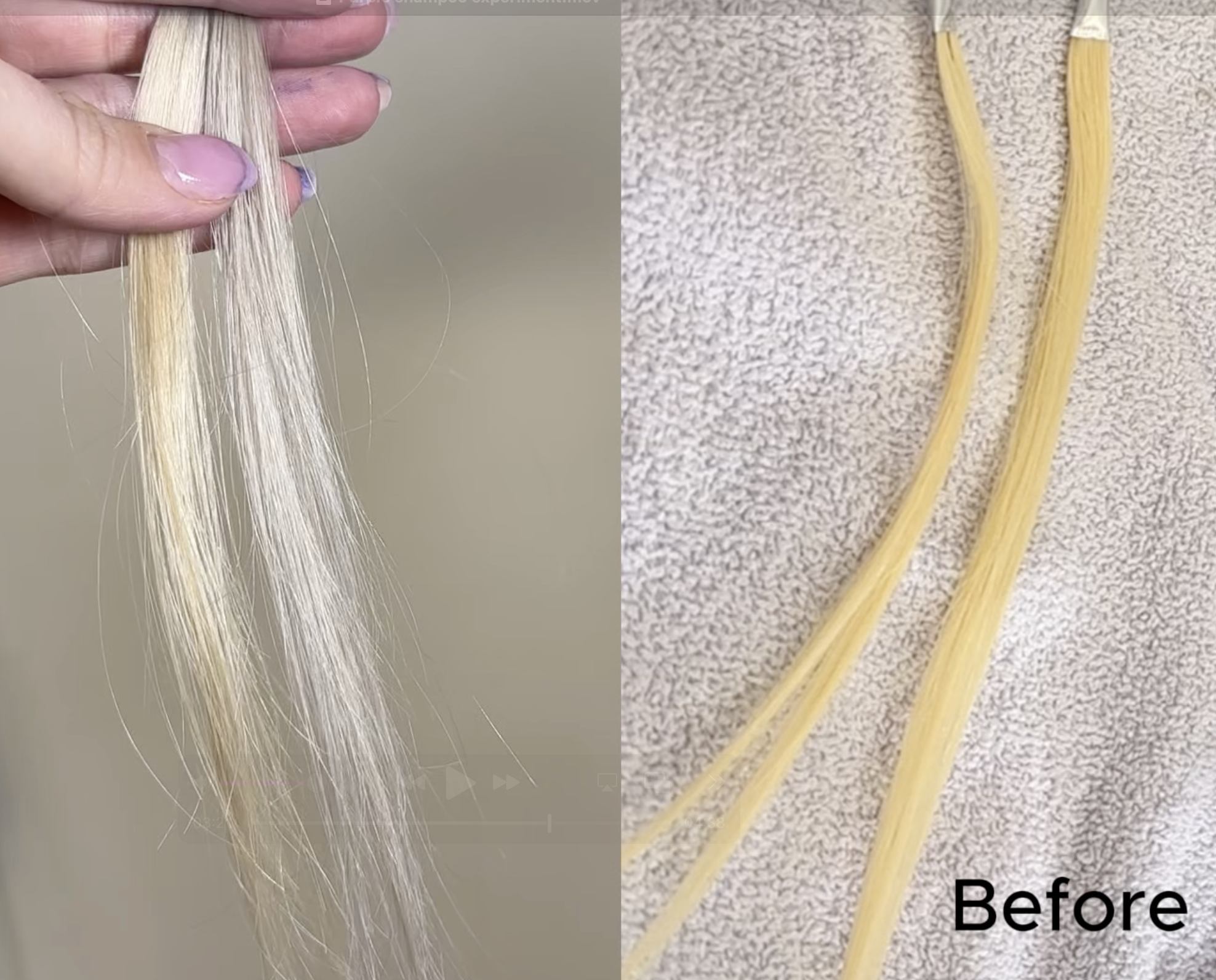 PURPLE-SHAMPOO-EXPERIMENT-RESULTS-SHOWING-BEFORE-SWATCHES-AND-SEMI-TONED-5-MINUTE-SWATCH-AND-VERY-TONED-BLONDE-SWATCH